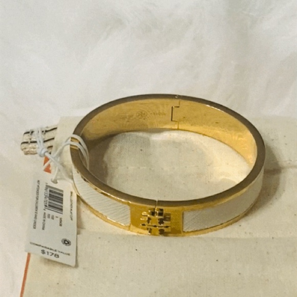 NWT Tory Burch Small Kira Leather Inlay Cuff Hinged Bracelet 145436